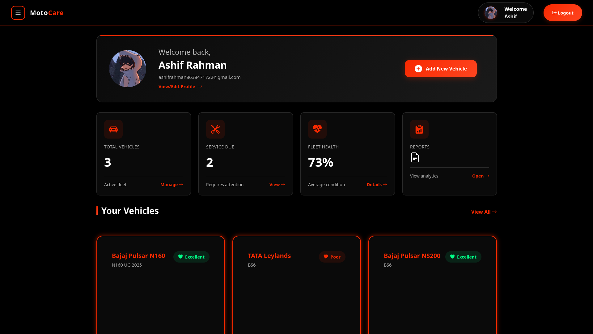MotoCare Dashboard showing vehicle stats and maintenance overview