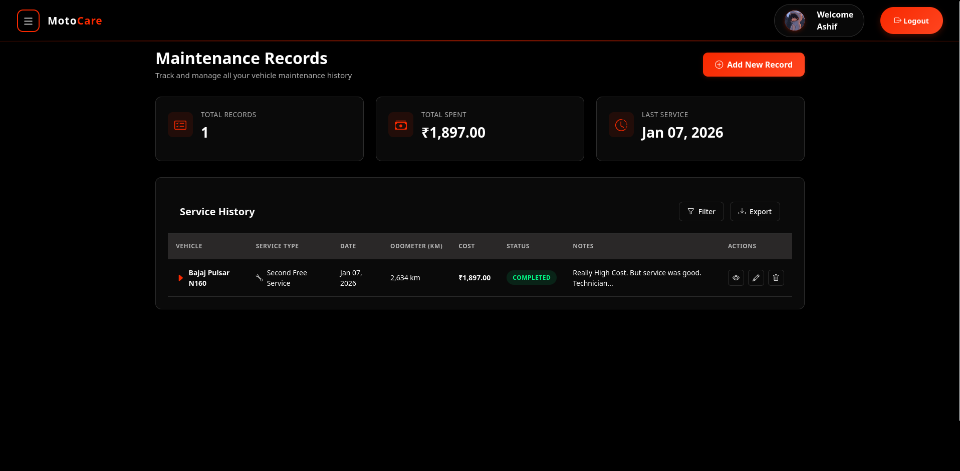 MotoCare maintenance records showing service history with costs and status