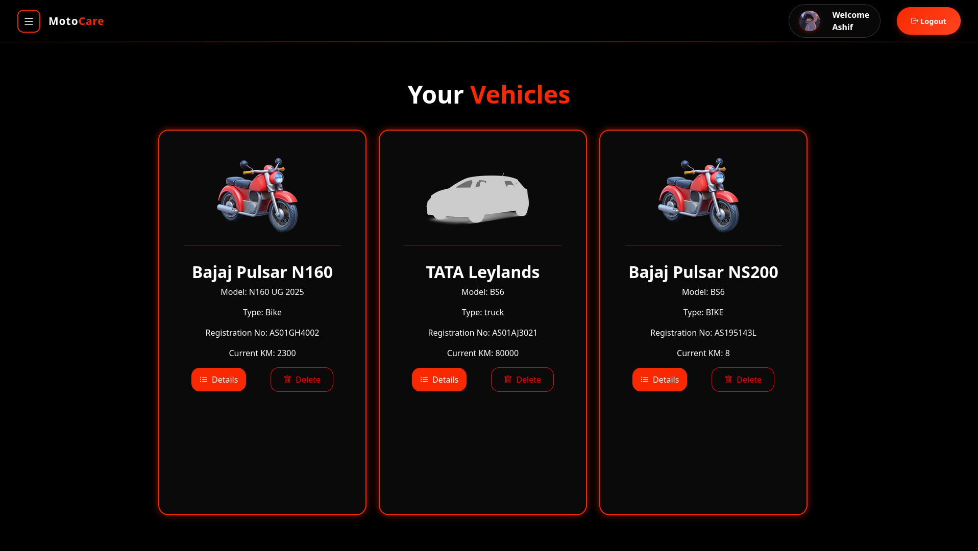 MotoCare vehicle management showing bikes and cars with health status